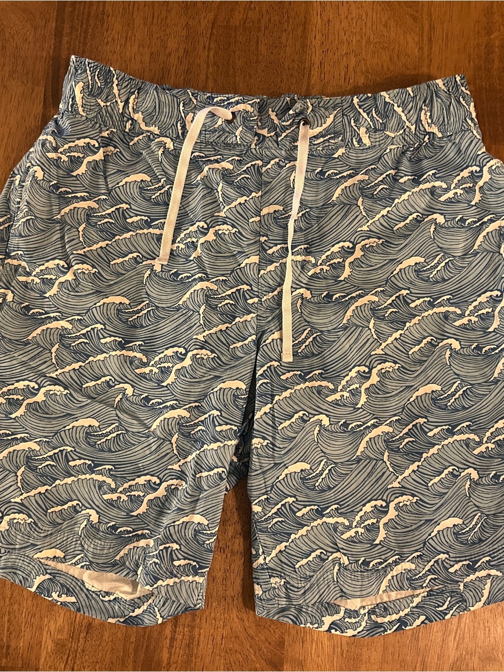 L.L. Bean Navy and White Wave-Pattern Swim Trunks